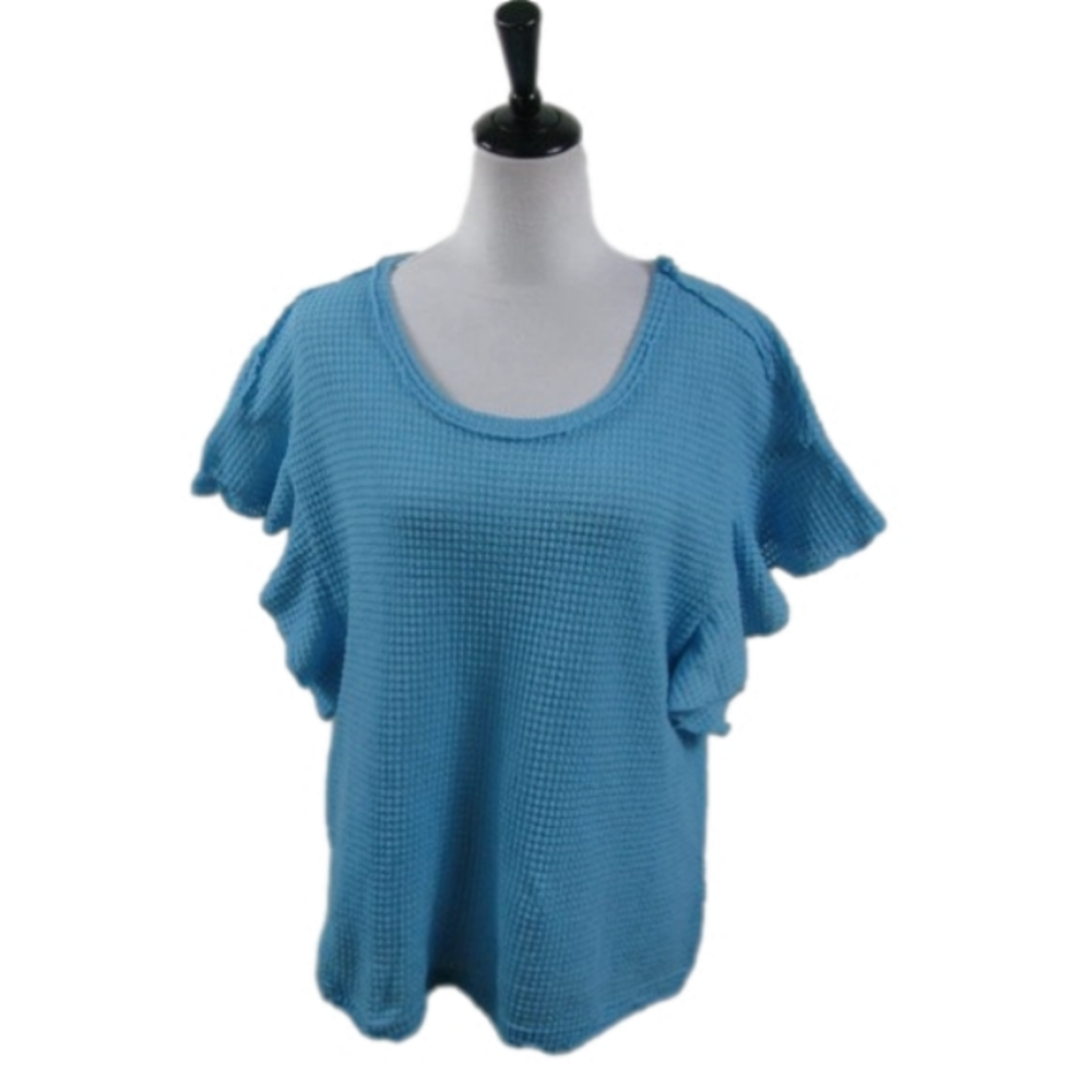 Cato Turquoise Waffle Knit Ruffle Sleeve Top Size Large
